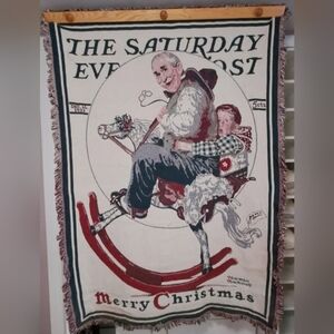 Norman Rockwell Holiday Tapestry Blanket with Red and Gray Accents